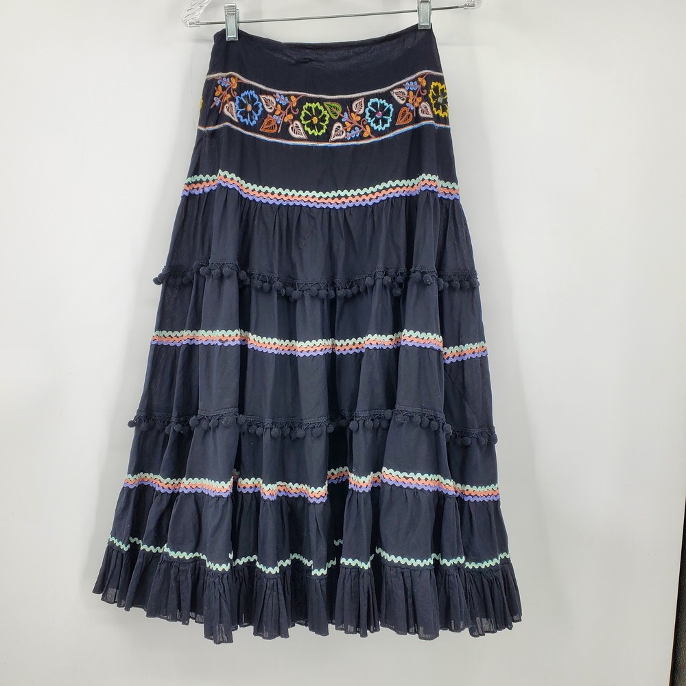 DIMRI Black Cotton Tiered Maxi Skirt Embroidered Floral Pom Pom Ric Rac Small